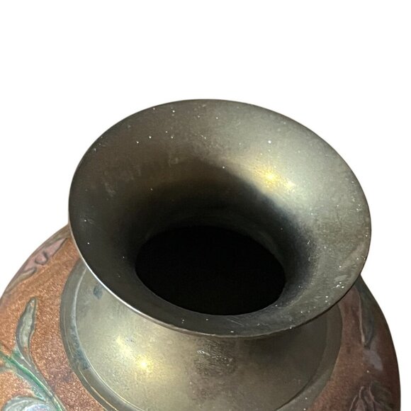 Vintage Solid Brass Cloisonne Floral Vase Heavy Enamel 6" Bronze Pink Green Boho - Picture 6 of 9